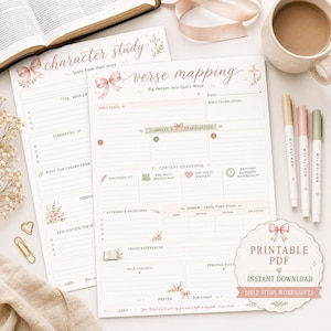 May include: Two printable Bible study worksheets with floral accents and the text "Character Study" and "Verse Mapping." Includes a cup of coffee, pens, and a book. The worksheets are designed for in-depth study of the Bible.