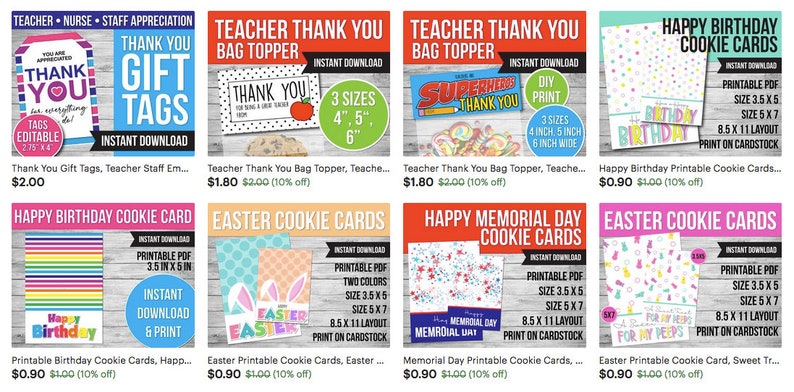 May include: A collection of printable digital downloads for cookie cards and gift tags. The designs include themes like teacher appreciation, happy birthday, Easter, and Memorial Day. The cards are available in various sizes and can be printed on cardstock.