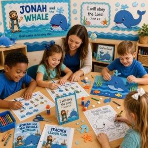May include: A group of children and an adult are gathered around a table, engaged in a craft activity. The theme is "Jonah and the Whale," with related artwork and printed materials. The scene includes coloring pages, cutouts, and the text "I will obey the Lord."