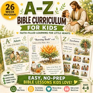 May include: A-Z Bible curriculum for kids, featuring illustrated lessons on Adam, Moses, and Zacchaeus. Includes fun activities, worksheets, and memory verses. Designed for ages 4-8, perfect for homeschool, Sunday school, and family time.