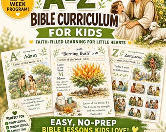 May include: A-Z Bible curriculum for kids, featuring illustrated lessons on Adam, Moses, and Zacchaeus. Includes fun activities, worksheets, and memory verses. Designed for ages 4-8, perfect for homeschool, Sunday school, and family time.