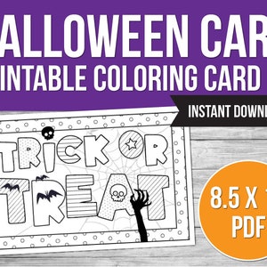 Halloween Printable Coloring Card Activity, Digital Download, Digital Greeting Card Craft for Kids