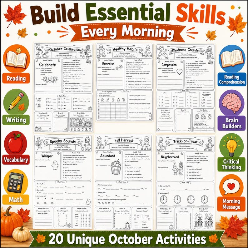 Daily Math Caligraphy October Morning Work | 20 No Prep Daily Worksheets | Fall Literacy ...