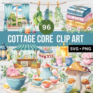 Cottagecore Clipart Bundle, 96 acquerello Cottage Core Clip Art, tazza da tè fungo libri vintage Clipart PNG SVG
