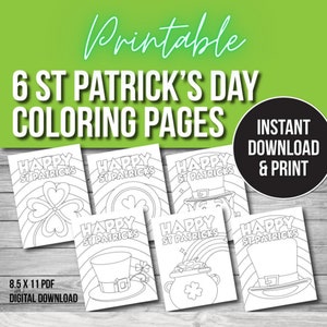 Pode incluir: Seis p&aacute;ginas para colorir imprim&iacute;veis em preto e branco com temas do Dia de S&atilde;o Patr&iacute;cio. As p&aacute;ginas incluem um trevo, um pote de ouro, um chap&eacute;u de duende e um arco-&iacute;ris. O texto "Happy St. Patricks" est&aacute; em cada p&aacute;gina. As p&aacute;ginas medem 8,5 x 11 polegadas.