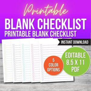 Blank Checklist Planner: 5 Color Options, Editable (PDF)
