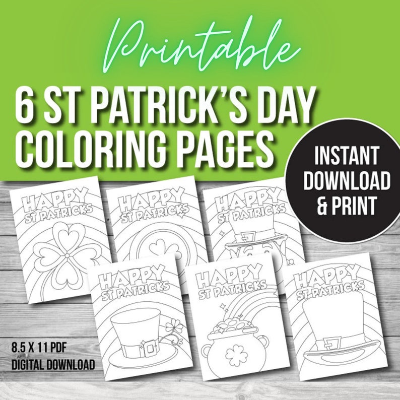 Pode incluir: Seis p&aacute;ginas para colorir imprim&iacute;veis em preto e branco com temas do Dia de S&atilde;o Patr&iacute;cio. As p&aacute;ginas incluem um trevo, um pote de ouro, um chap&eacute;u de duende e um arco-&iacute;ris. O texto "Happy St. Patricks" est&aacute; em cada p&aacute;gina. As p&aacute;ginas medem 8,5 x 11 polegadas.