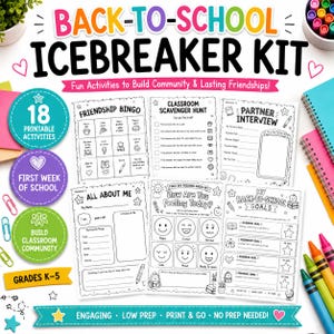 Puede incluir: Un kit de actividades para el regreso a clases con 18 hojas imprimibles que incluyen bingo de amistad, búsqueda del tesoro, entrevistas, hojas de presentación personal, registro de emociones y metas para el año escolar.