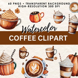 Kaffee Clipart, Aquarell Kürbis Gewürz, Herbst gemütliche Clipart, 60 Kaffee PNGs, digitaler Download