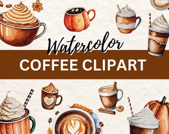 May include: Watercolor illustrations of various coffee drinks, including pumpkin spice lattes, cappuccinos, and iced coffees. The illustrations are in a warm, autumnal color palette and feature details like whipped cream, cinnamon sticks, and coffee beans.