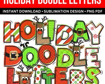 Doodle Letters, Christmas Alphabet Commercial Use Clipart for Digital Designers, Alpha Set Bundle Sublimation DTF PNG