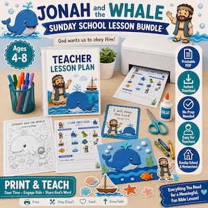 May include: A Sunday School lesson bundle featuring the story of Jonah and the Whale. Includes a teacher lesson plan, coloring pages, and craft materials. The bundle is designed for children ages 4-8 and includes the text "God wants us to obey Him!"