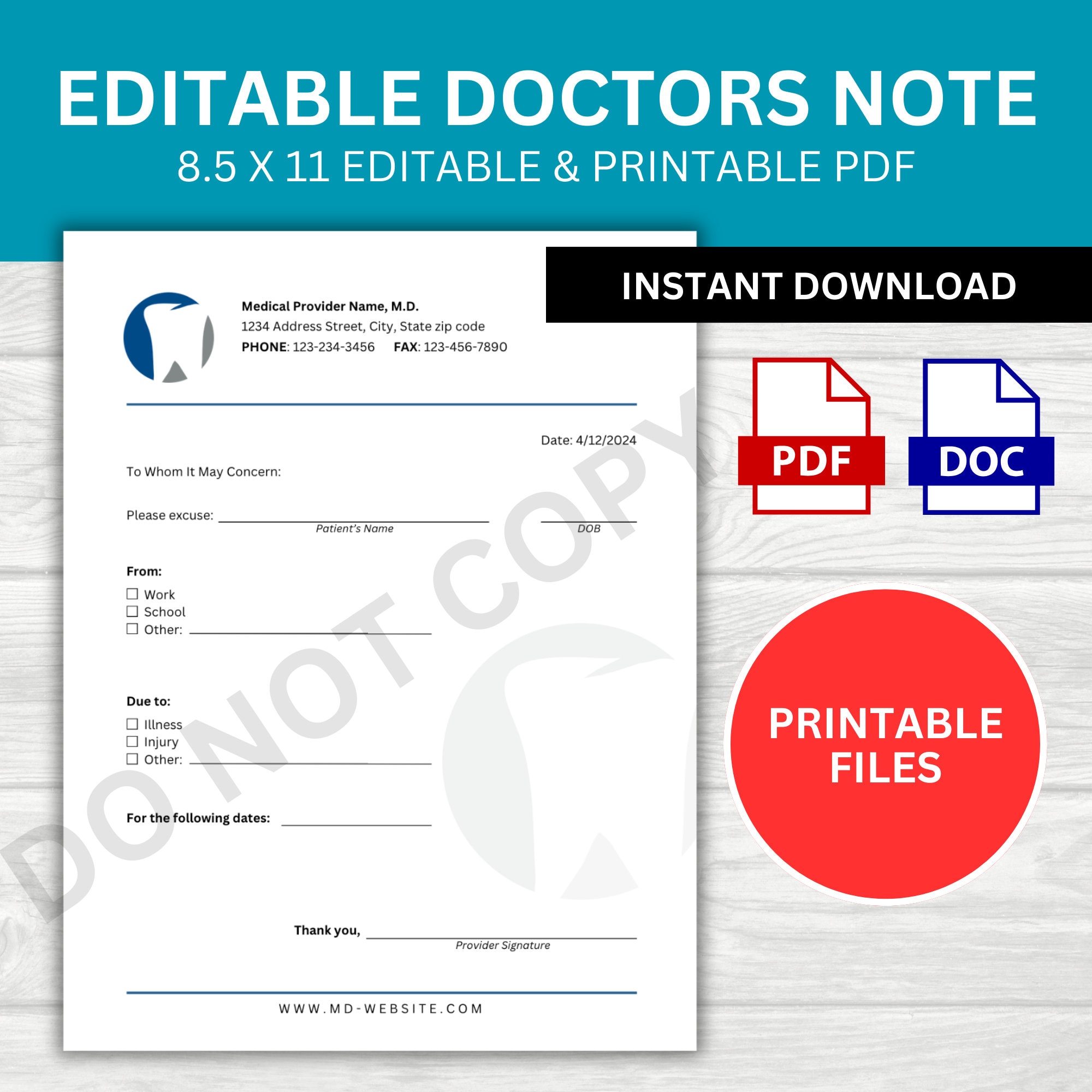 Editable Doctor's Note Template: Medical Excuse Form (PDF, DOC) - Etsy