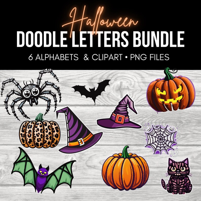 May include: A set of Halloween-themed doodle letters and clipart. The set includes a spider, a bat, a witch's hat, a pumpkin, a spiderweb, a cat, and a bat with wings spread. The clipart is in PNG format.