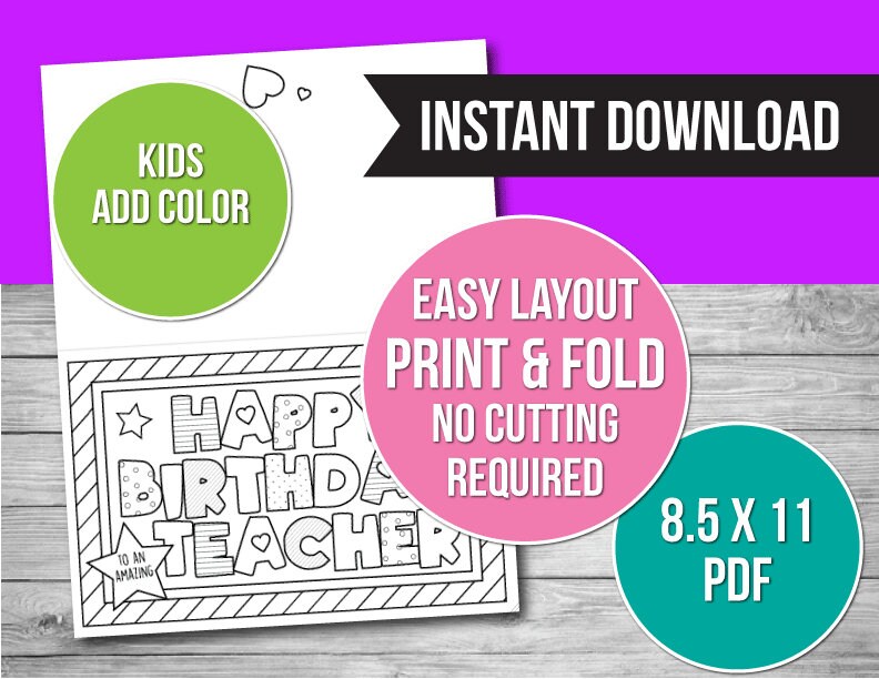 Happy Birthday Teacher Coloring Card Printable Activity Card for ...