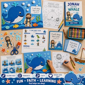May include: A collection of educational materials with a whale theme. Includes coloring pages, worksheets, crafts, and memory verse cards. The text includes "Jonah and the Whale", "I will obey the Lord", and "Fun, Faith, Learning". Crayons and craft supplies are also visible.