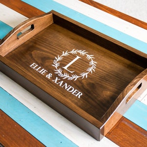 Handmade Wood Serving Tray with Built-In Handles, Custom Stain, Personalized, Made to Order Dark Walnut