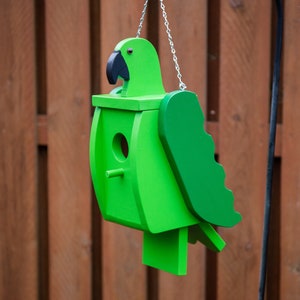 Green Parrot Bird House, Yard Art, Birdhouse, Hand Painted, Solid Wood (Made to Order)