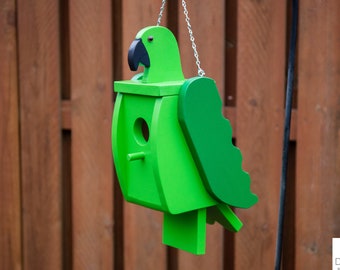 Green Parrot Bird House, Yard Art, Birdhouse, Hand Painted, Solid Wood (Made to Order)