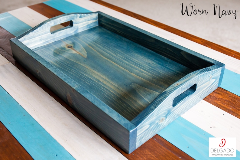 Handmade Wood Serving Tray with Built-In Handles, Custom Stain, Personalized, Made to Order Worn Navy