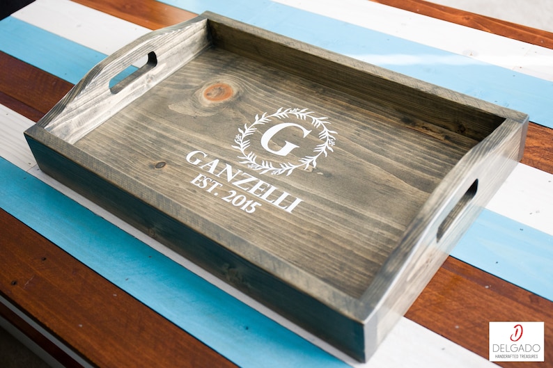 Handmade Wood Serving Tray with Built-In Handles, Custom Stain, Personalized, Made to Order Aged Barrel
