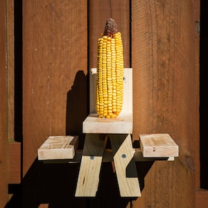 May include: A wooden corn feeder shaped like a picnic table, with a full ear of yellow corn. The feeder is mounted on a brown wooden fence. The corn has a brown, dried top. The feeder is made of light-colored wood.