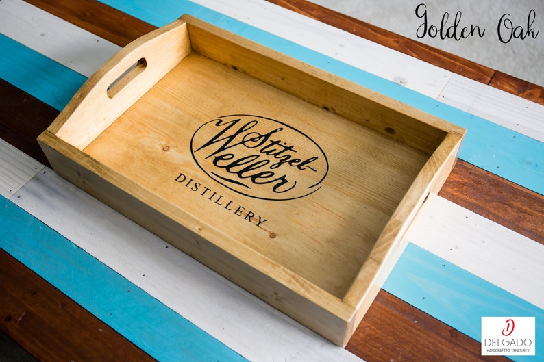 Handmade Wood Serving Tray with Built-In Handles, Custom Stain, Personalized, Made to Order Golden Oak