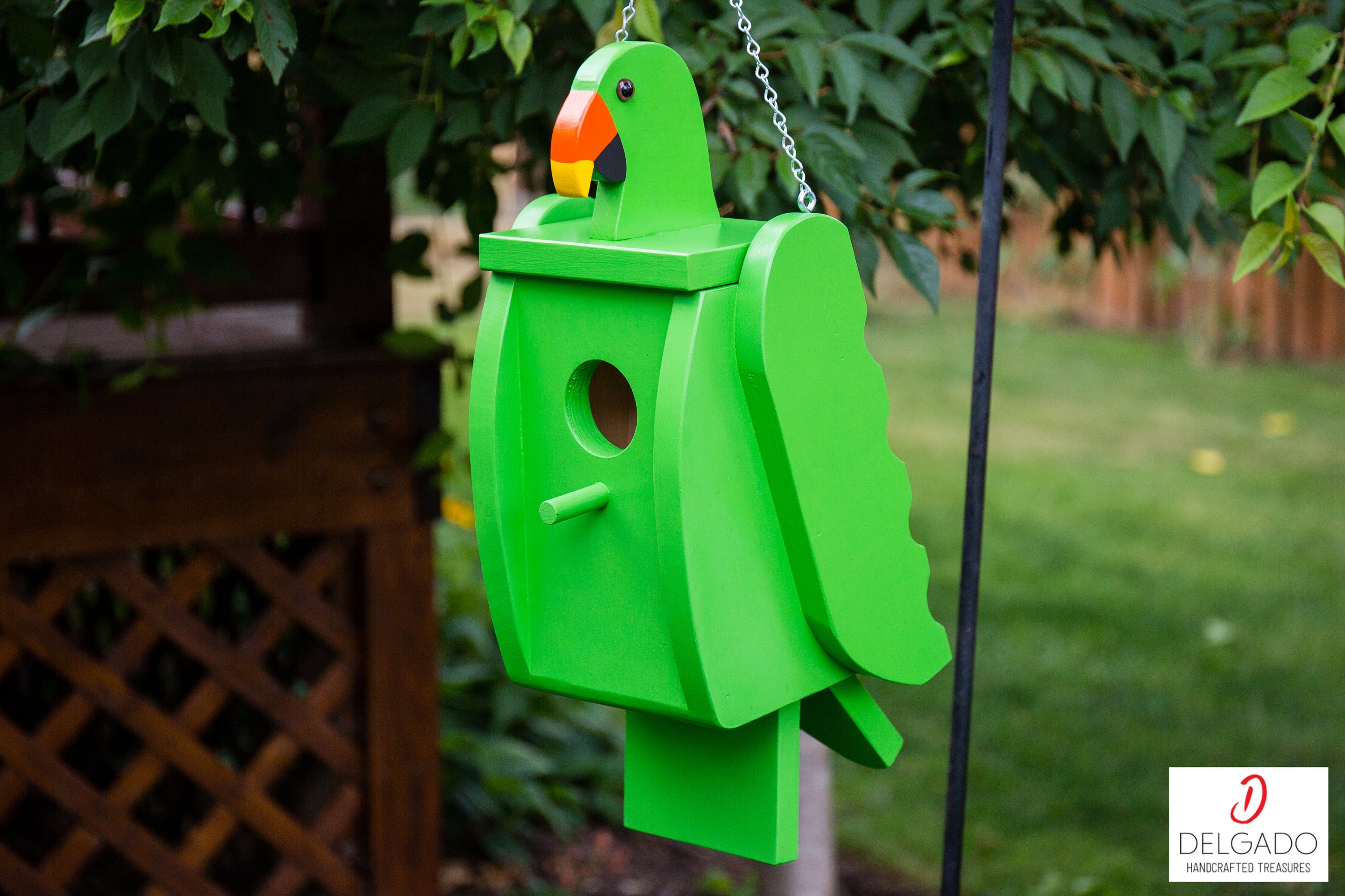 Cairns Eclectus Green Parrot Bird House, Yard Art, Birdhouse, Hand ... - Parrot Birdhouses With Natural Light