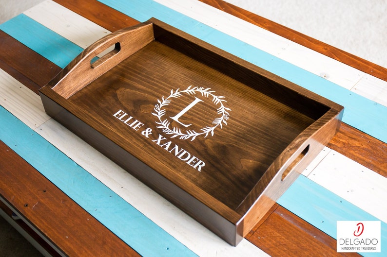 Handmade Wood Serving Tray with Built-In Handles, Custom Stain, Personalized, Made to Order Dark Walnut
