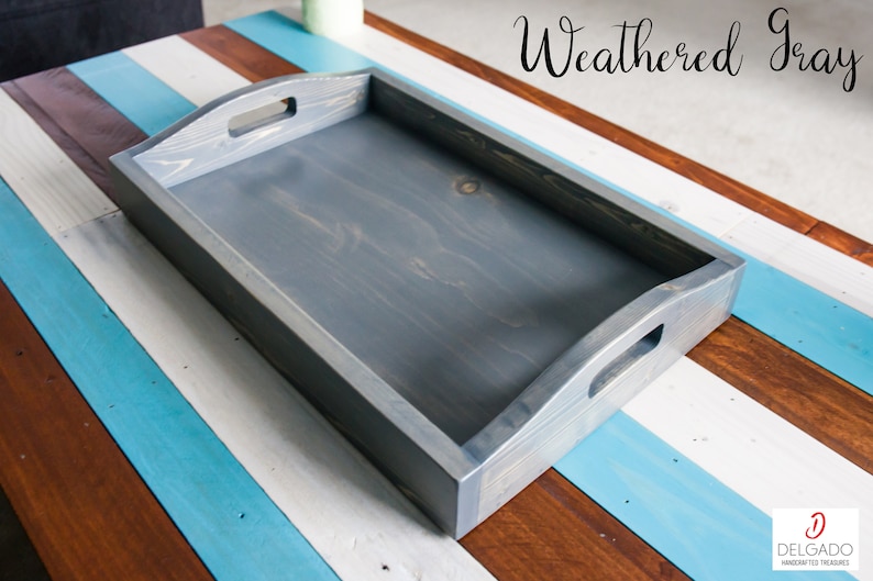 Handmade Wood Serving Tray with Built-In Handles, Custom Stain, Personalized, Made to Order Weathered Gray