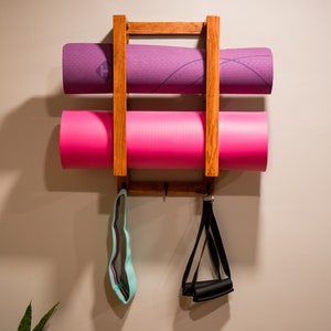 Wood Yoga Mat Holder and Organizer with Hooks, Wall Mount,  Custom Stain Colors, Made to Order