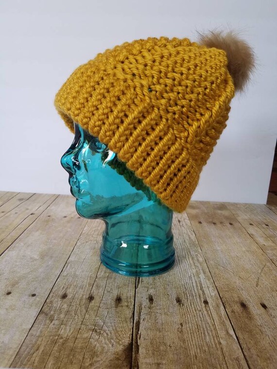 Cable Knit Wide Brim Packable Hat-Mustard Mustard Cable Knit Bobble Hat | LaKnitteria main image 2