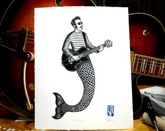 Merman - original linocut print