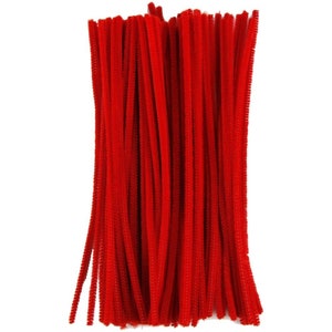 May include: A bundle of red pipe cleaners, also known as chenille stems, are a craft supply used for making various projects.