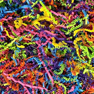 May include: A close-up of colorful crinkle paper, also known as shredded paper, in a variety of shades of green, blue, pink, orange, and yellow. The paper is used for packing and filling gift boxes and baskets.