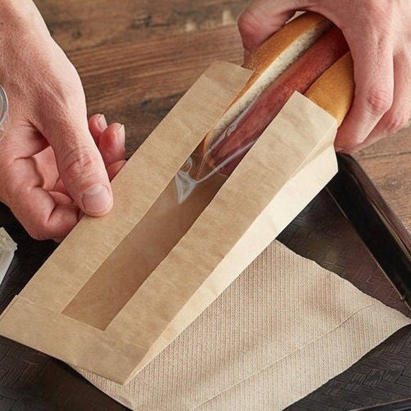 25 Kraft Paper Window Bag 3-1/2" x 1-1/2" x 9" Hot Dog Treat Favor Bakery Family Movie Night Party Picnic BBQ Wedding eco friendly