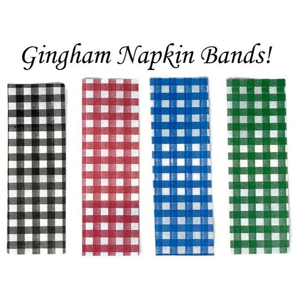 Gingham Napkin Bands 25-50 Self Adhesive Paper Wrap Ring Wedding Birthday Party Holiday Events Office BBQ Reunion Cater Food Truck Cafe