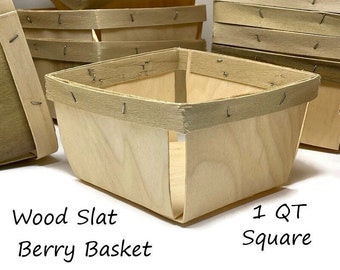 Wooden Berry Basket 1QT Square Natural Wood 5.5×5.75×3.25 in Rustic Farmhouse Farmers Market Fruit Themed Wedding Gift