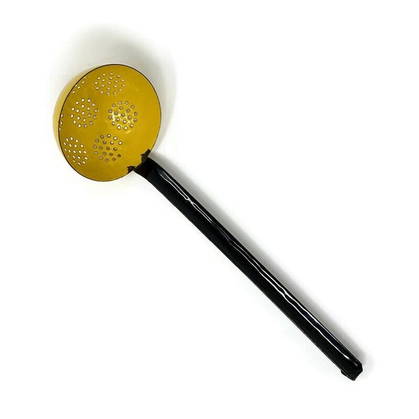 Vintage Enamelware Ladle Strainer Colander Hook Handle Made in Poland Black & Yellow Antique Soup Dipper Slotted Skimmer Sieve Rare 1940s