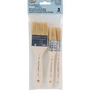 May include: A package of three Royal & Langnickel Crafter's Choice all-purpose chip brushes. The brushes have natural bristles and cream-colored handles. The sizes are 1/2 inch, 1 inch, and 2 inches.