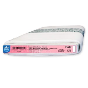 May include: White fusible interfacing fabric roll labeled "P44F JAS Fusible Interfacing" with the brand name "Pellon" and product information including "100% Polyester", "YD: 48", "M: 43.9", "1788-25", "20 IN (1300)", "RN PA 20344(FL)", and "MADE IN USA".