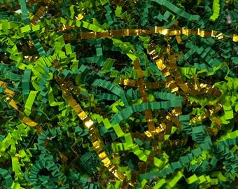 Papel arrugado de San Patricio, 113 g (4 oz) para empaques de regalos y productos, relleno para cajas de damas de honor, césped para cestas de Pascua, verde dorado, ecológico.