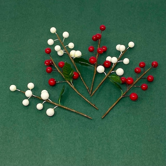 6 Red or White Faux Berry Stems 5-3/4 Holly Sprig Pick Holiday Christmas  Floral Wreath Gift Wrap Decor 