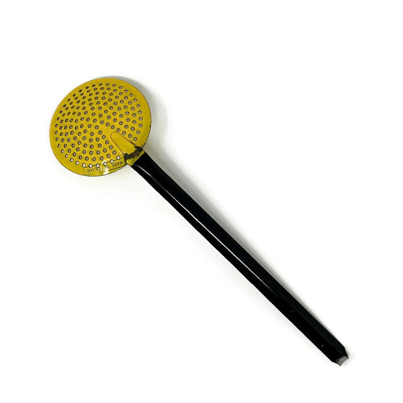 Vintage Enamelware Skimmer Hook Handle Made in Poland Black & Yellow Antique Strainer Slotted Sieve Rare 1940s image 2