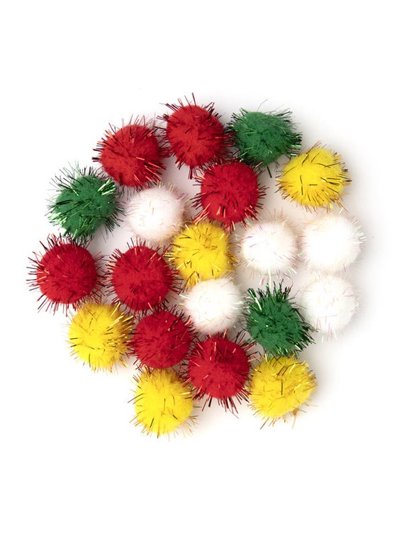 Christmas Pom-poms 1 Inch 20 Pieces Assorted Red Green White Silver Yellow  Gold Glitter Tinsel Craft Ornament Decor Ugly Sweater Hat 