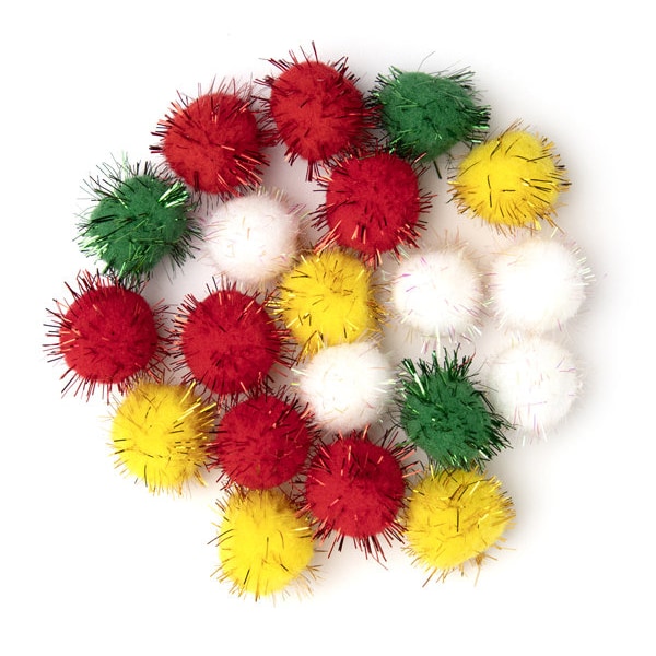Christmas Pom-Poms 1 inch 20 pieces Assorted Red | Green | White Silver | Yellow Gold | Glitter Tinsel Craft Ornament Decor Ugly Sweater Hat