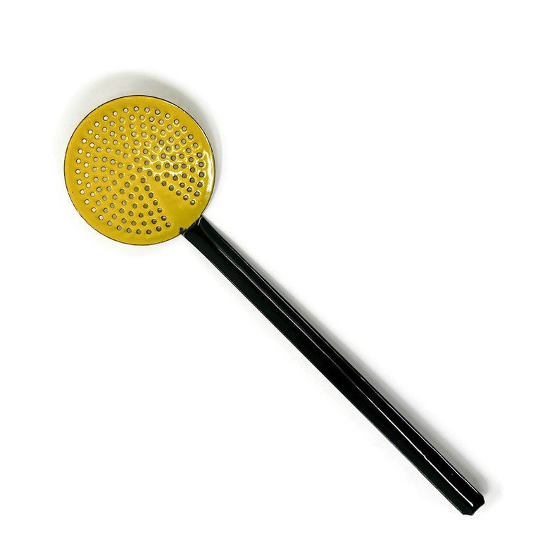 Vintage Enamelware Skimmer Hook Handle Made in Poland Black & Yellow Antique Strainer Slotted Sieve Rare 1940s image 1