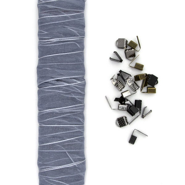 Silver Organza Cotton Ribbon 5yd & Metal Ribbon End Clamps Jewelry Charm Grey Gray Jewelry Beads Findings DIY Craft Art Necklace Bracelet