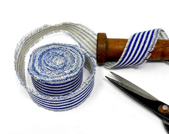 Cinta de lino con rayas azules, bordes suaves deshilachados, 2,5 cm x 4,5 m, color blanco hueso con flecos, estilo rústico, ideal para bodas y fiestas. Sin acabado.