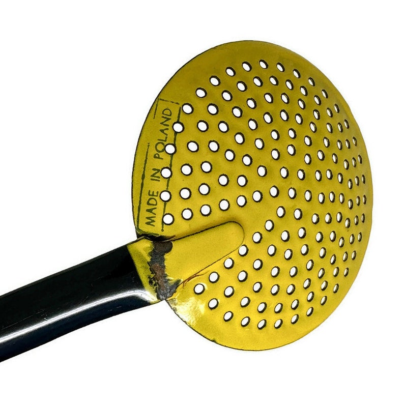 Vintage Enamelware Skimmer Hook Handle Made in Poland Black & Yellow Antique Strainer Slotted Sieve Rare 1940s image 5